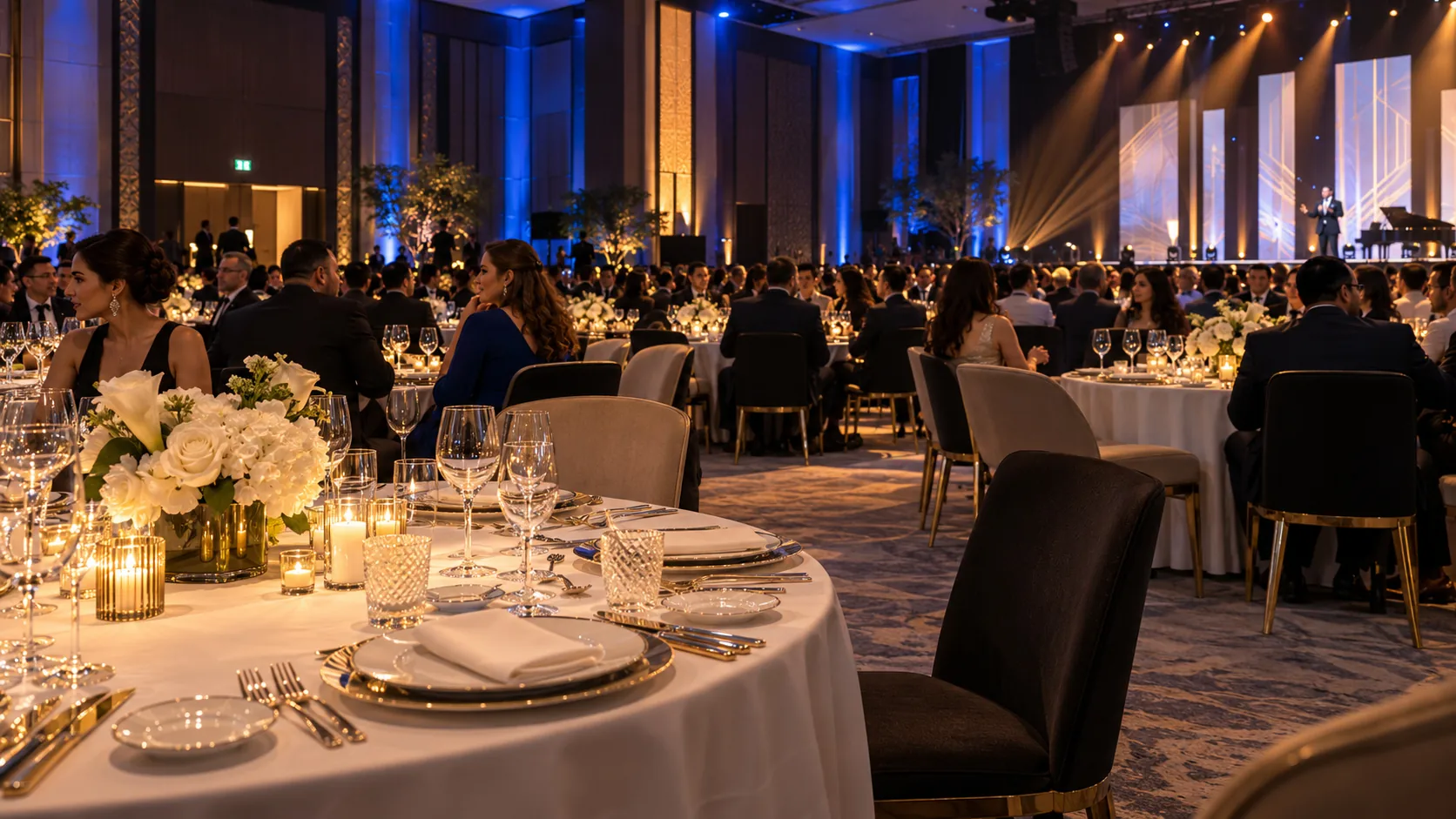 Ambiance d'un gala avec mise en scène et décoration